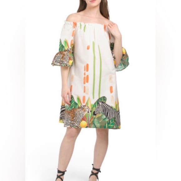 Civico 51 Dresses & Skirts - 𝐂𝐢𝐯𝐢𝐜𝐨 𝟓𝟏 - Made in Italy, Tropical 🌴 Safari Off The Shoulder Dress, NWT